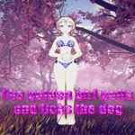 The golden girl pulls and licks the dog